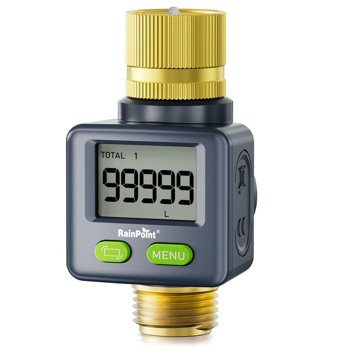 Rainpoint water flow meter with brass inlet and outlet for durable outdoor use.