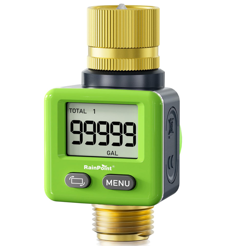 RAINPOINT water flow meter with brass inlet and outlet for outdoor durability