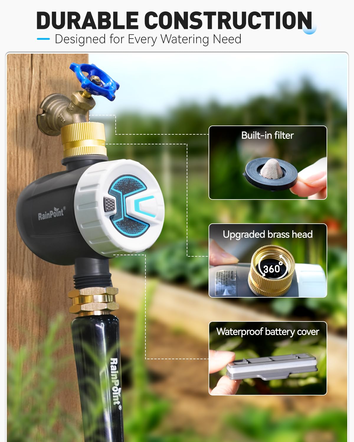 In-use scene outdoors demonstrates practical garden irrigation management.
