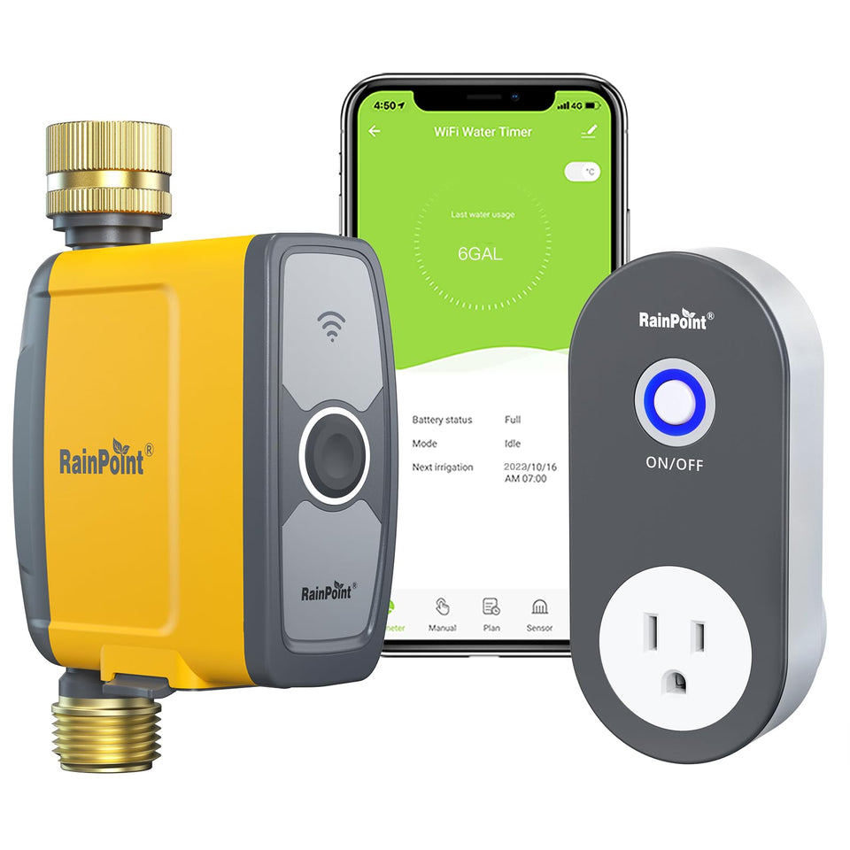 RainPoint WiFi hose timer front view enabling remote watering control.