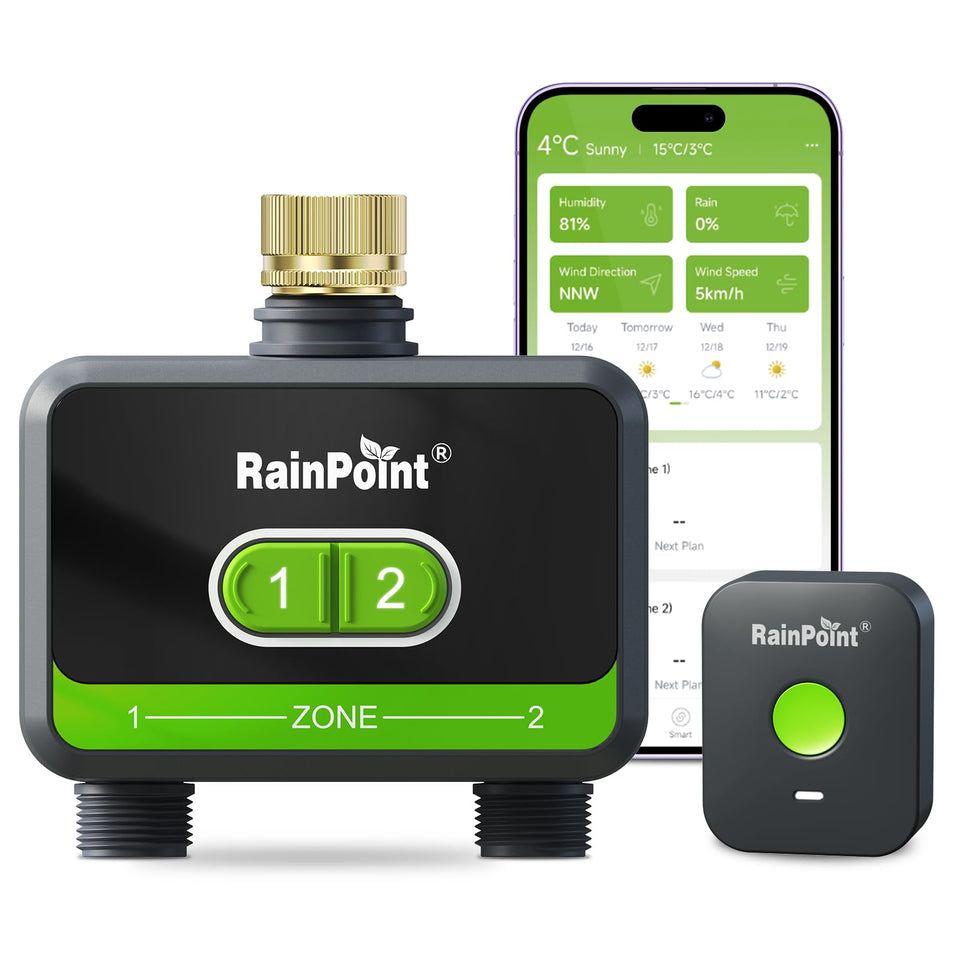 RainPoint WiFi timer front view with brass inlet for durable irrigation.