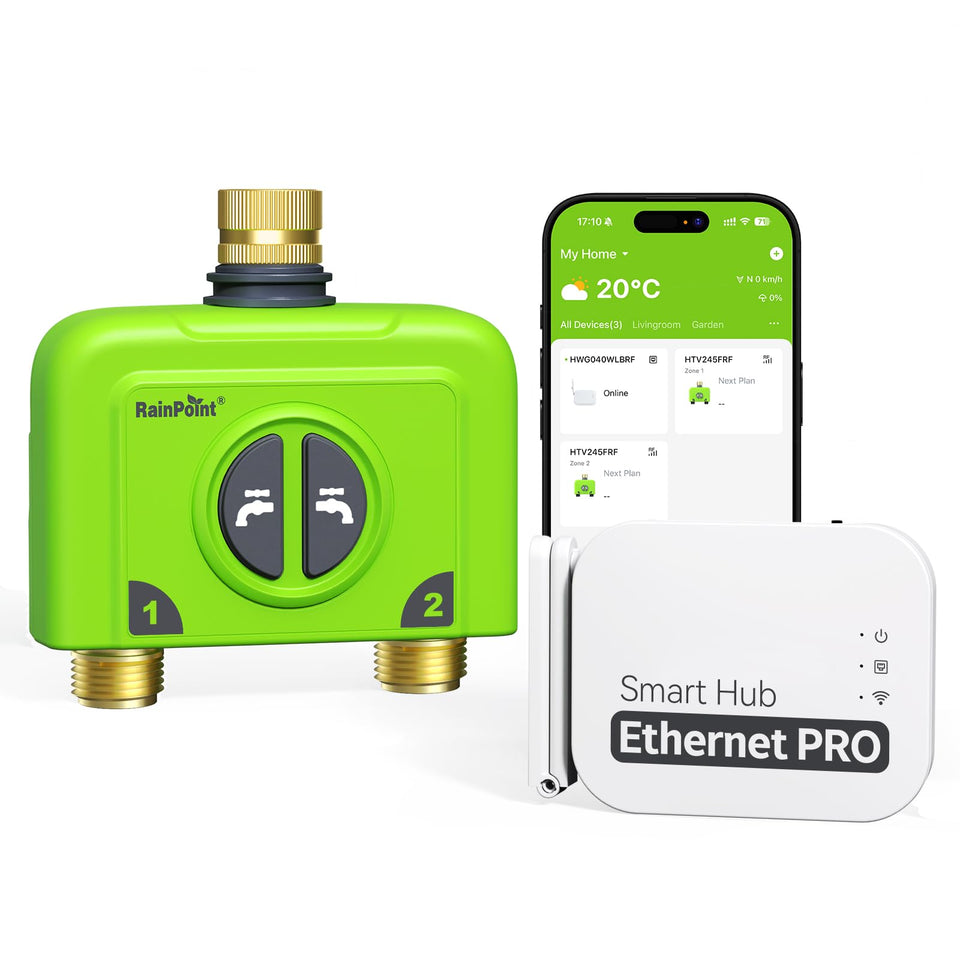 RAINPOINT WiFi water timer front view with brass inlet and clear display for reliable irrigation