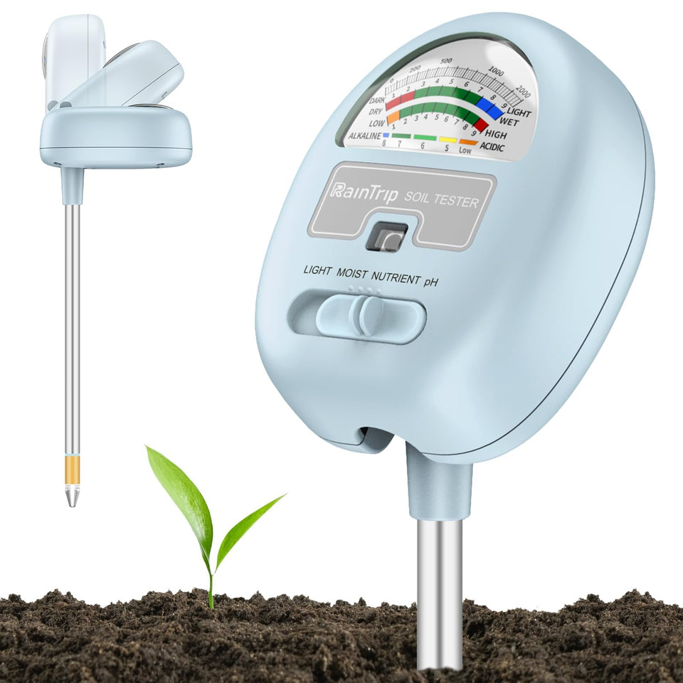 Raintrip 4-in-1 soil meter with rotating head for easy result viewing.