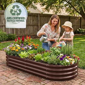 Rakukiri galvanized planter with open base promotes drainage for healthy roots.