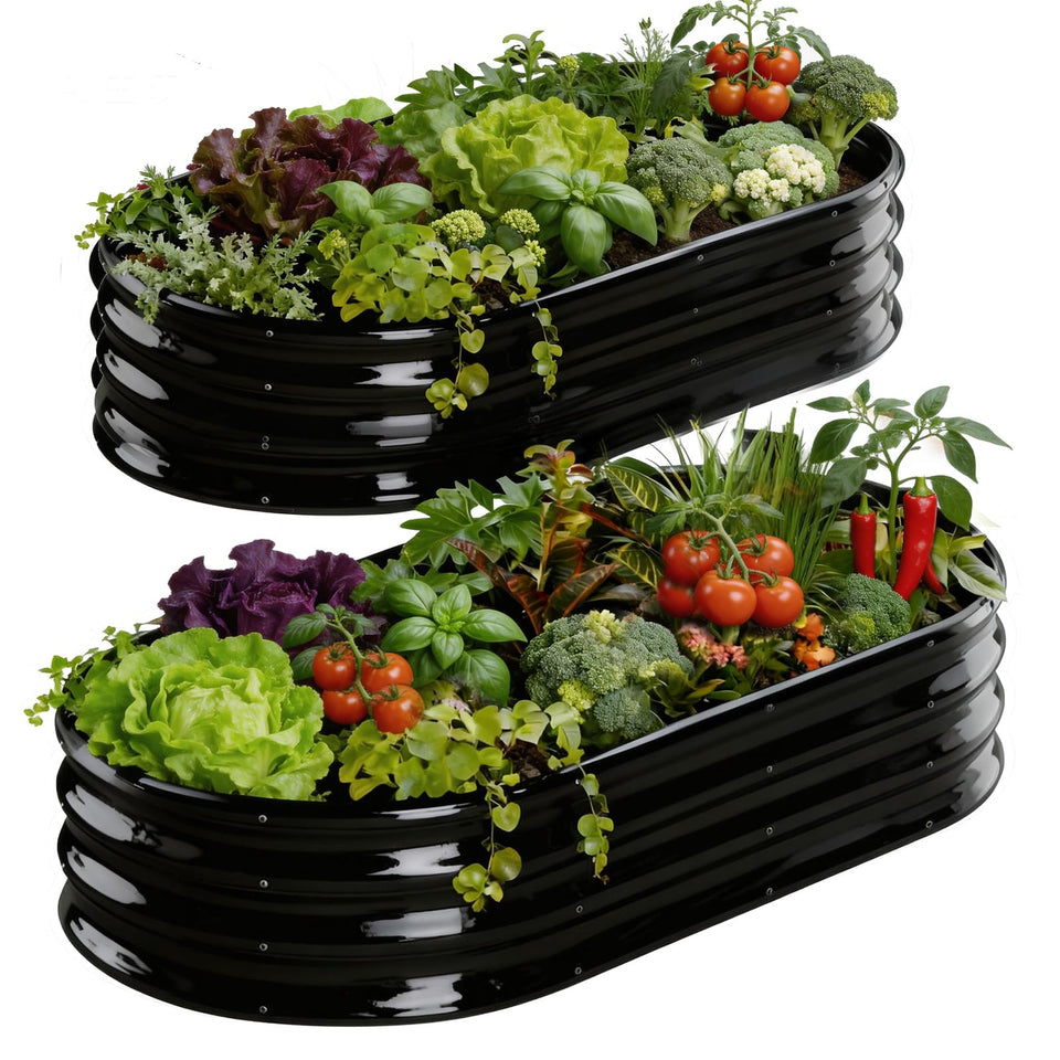 Rakukiri oval raised garden bed exterior view showing durable steel frame