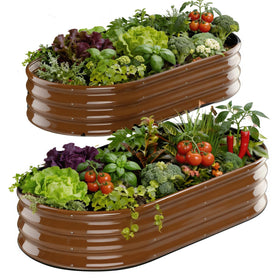 Rakukiri raised garden bed oval front view shows durable rust-resistant steel for outdoor use.