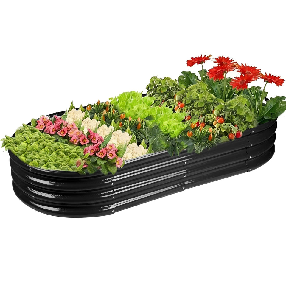Rakukiri raised garden bed oval side view highlighting durable metal construction for vegetables
