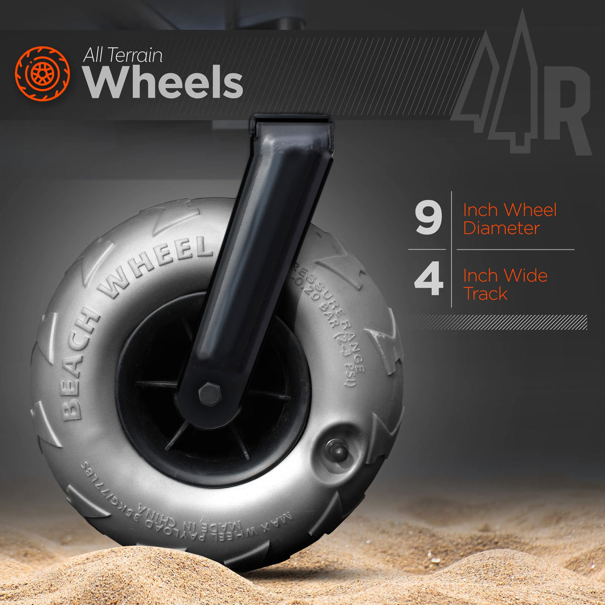 Rangland Beach Wagon 9-inch pneumatic wheels glide on terrain and sand for smooth movement.