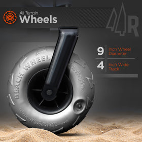 Rangland Beach Wagon 9-inch pneumatic wheels glide on terrain and sand for smooth movement.