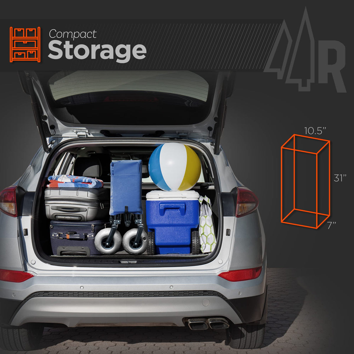 Rangland Beach Wagon folded compact storage fits into a car trunk after trips.