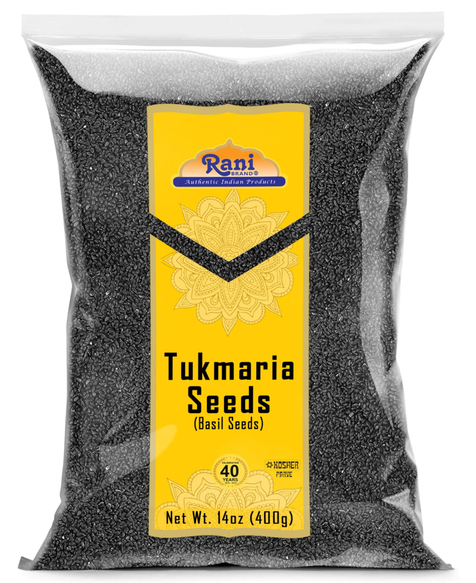 Rani Tukmaria basil seeds in front of packaging for authentic Falooda desserts.