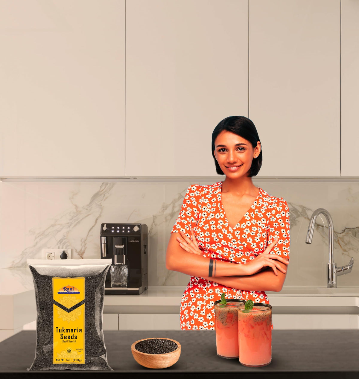 Rani Tukmaria seeds with measuring spoon for precise use in desserts.