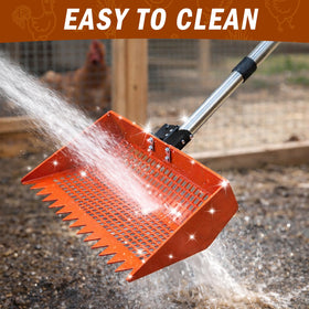 Ranwin telescopic handle extended enables easy reach into deep coops.