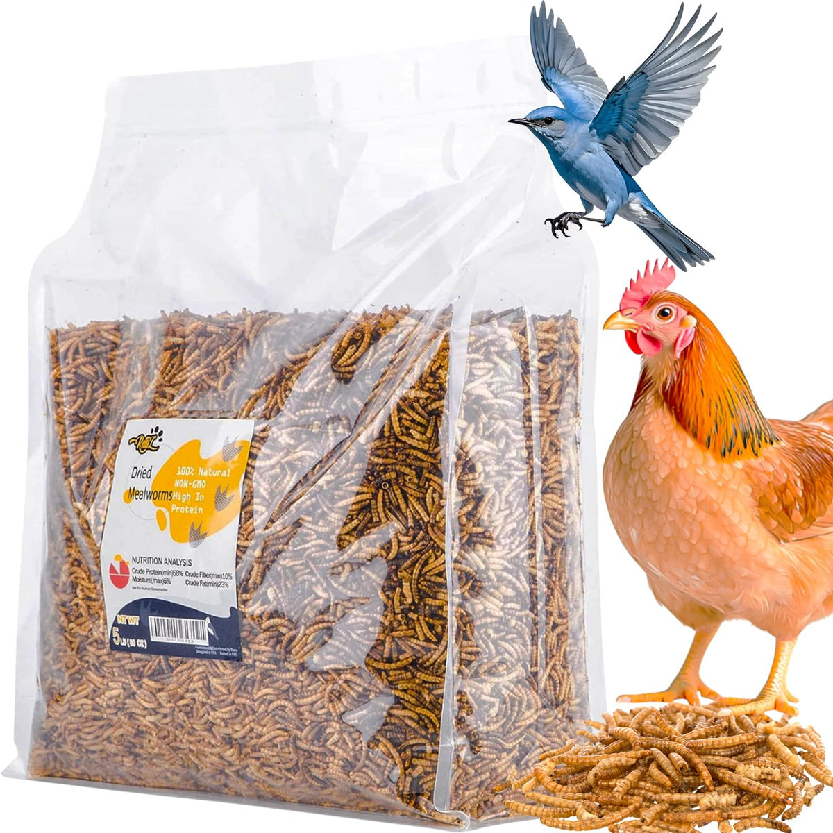 RANZ 5LBS dried mealworms bag; protein-rich treat for backyard chickens.