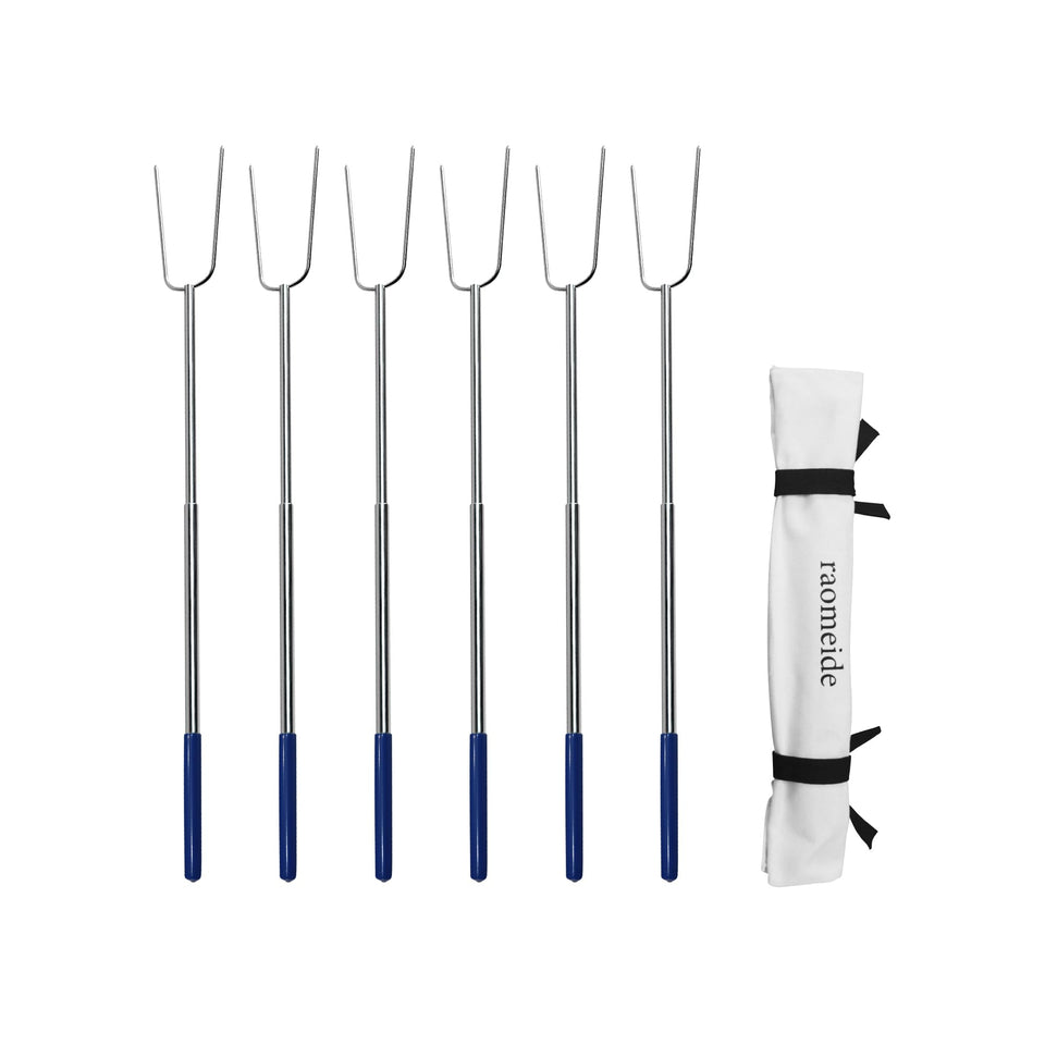 RAOMEIDE 32-inch roasting sticks assembly showing sturdy joints for safe campfire cooking.
