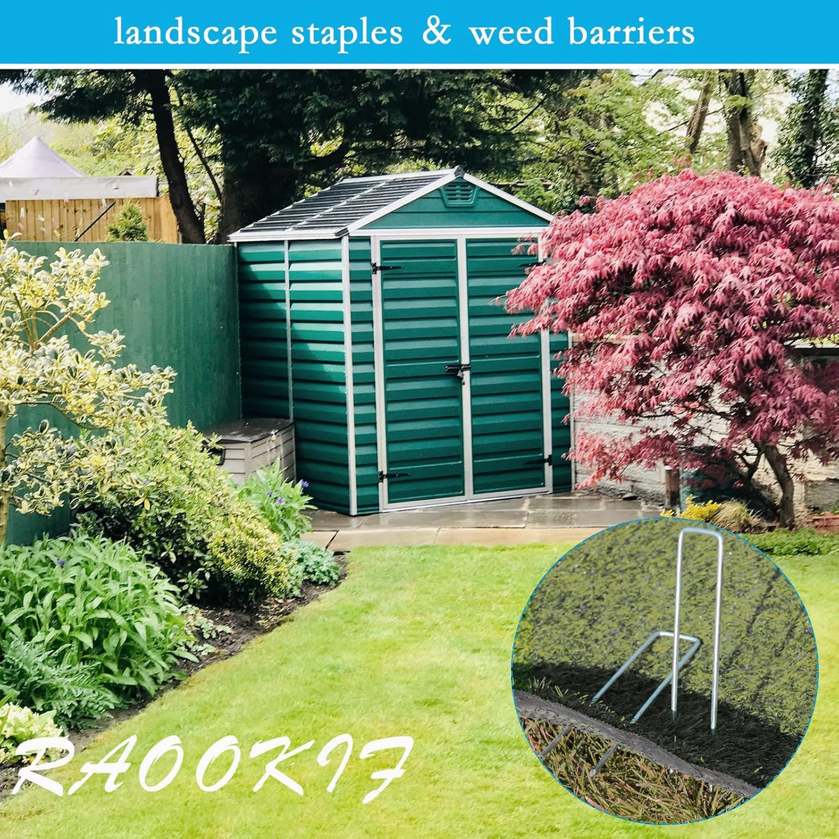 RAOOKIF garden stakes pack contents for fence and lawn use.