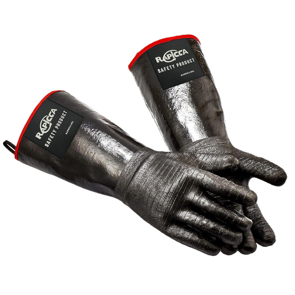 RAPICCA 700°F heat-resistant BBQ gloves with extended sleeve for arm protection.