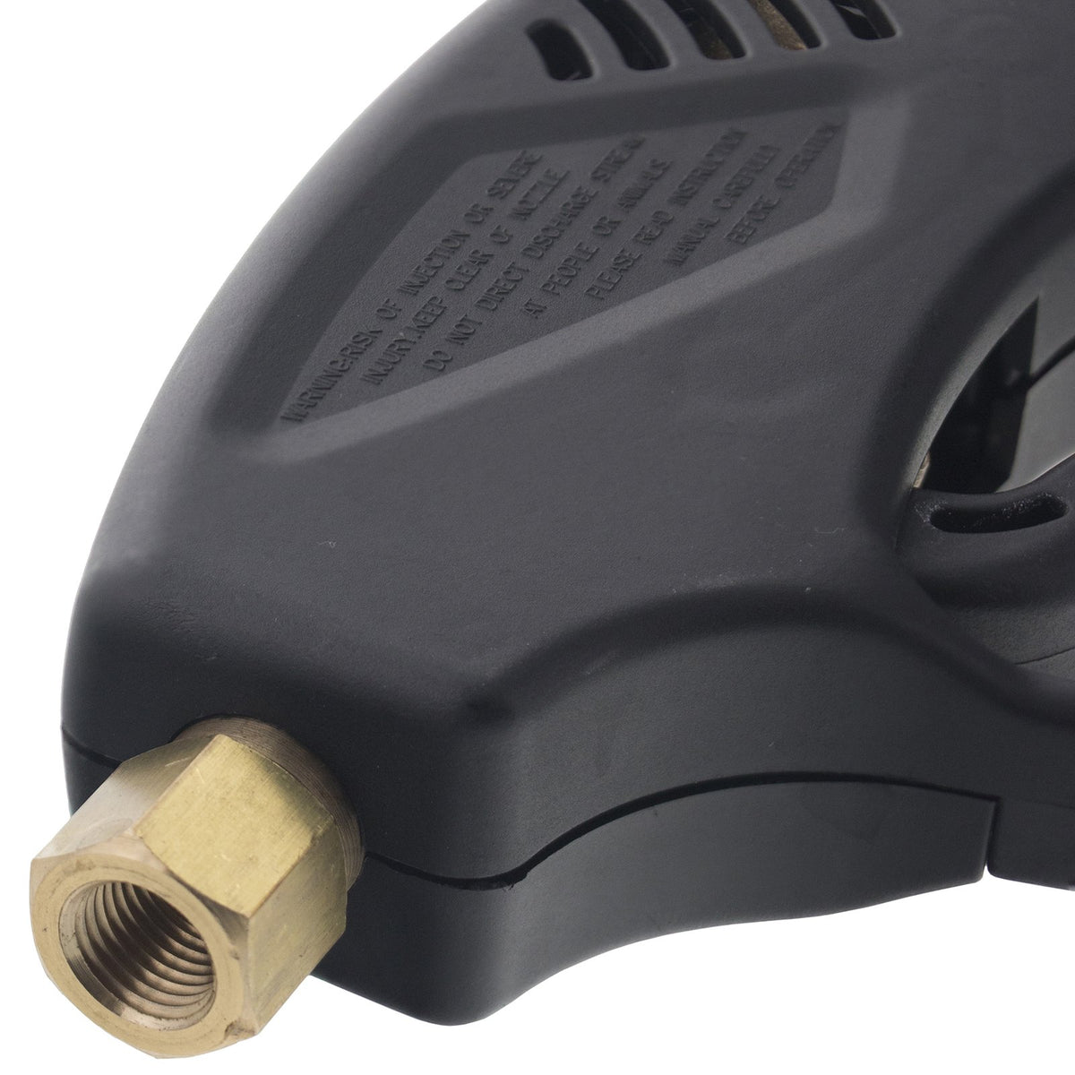 Hose entry into pistol grip reduces fatigue and improves balance.