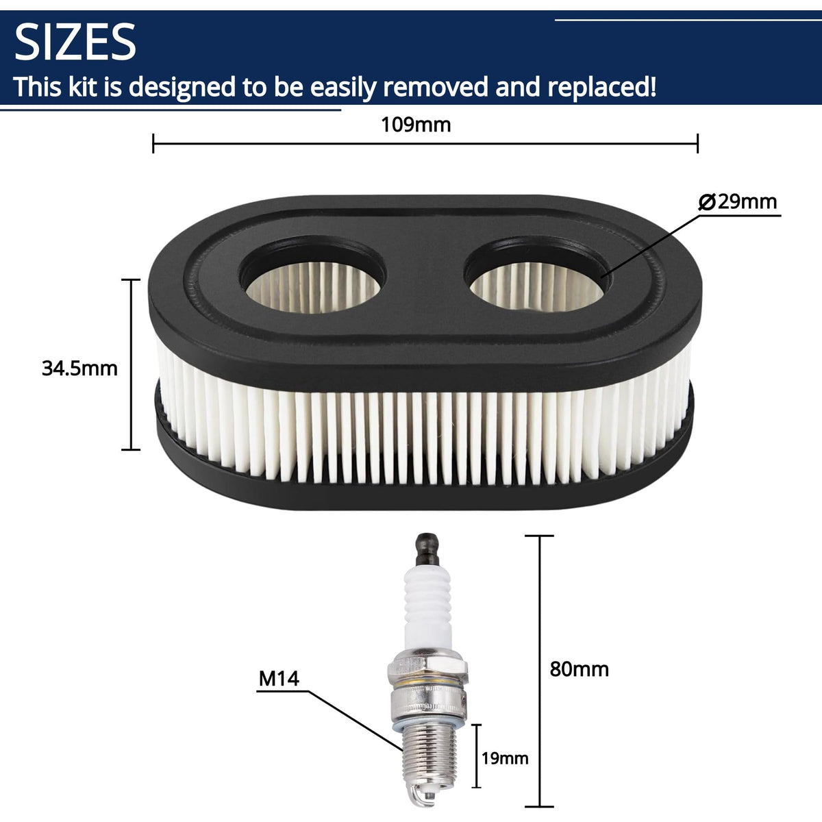 RARELEMON kit includes air filter and spark plug for quick mower maintenance.