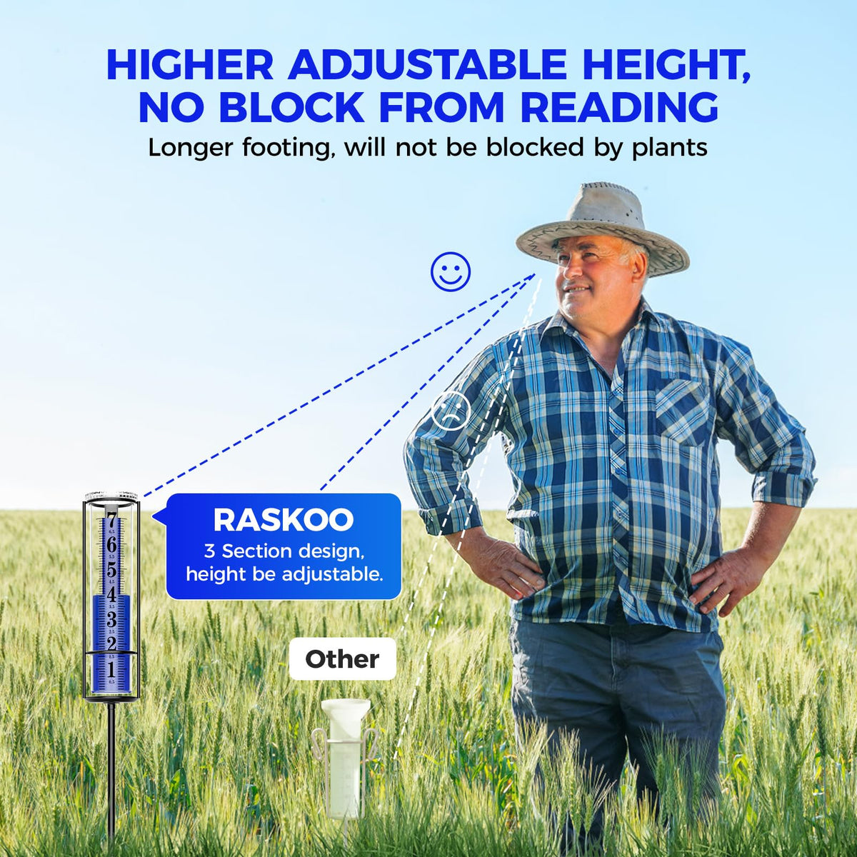 RASKOO rain gauge adjustable height for yard placement.