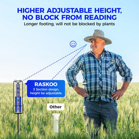 RASKOO rain gauge adjustable height for yard placement.
