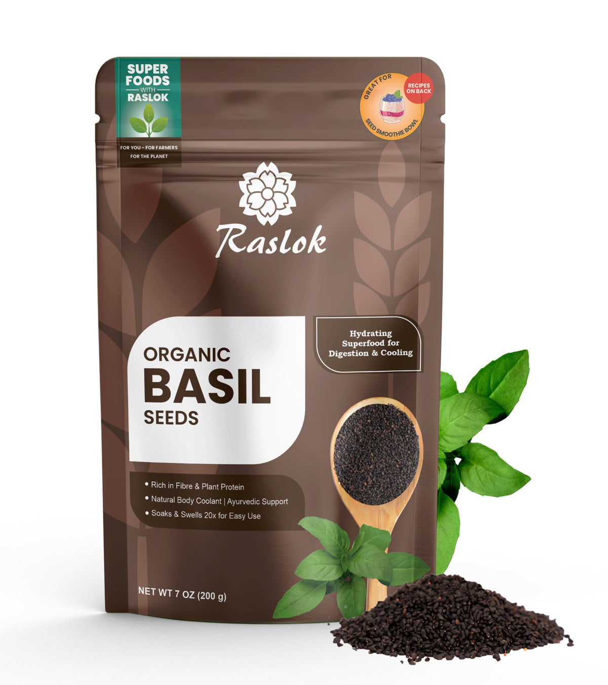 Raslok basil seeds in a resealable pouch highlighting freshness and clean ingredients