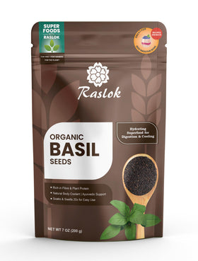 Soaked Raslok basil seeds showing mucilage forming a jelly-like coating for hydration