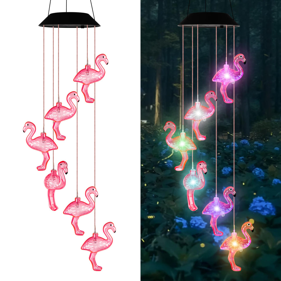 Ratopo Flamingo solar wind chime light setup for outdoor ambiance.