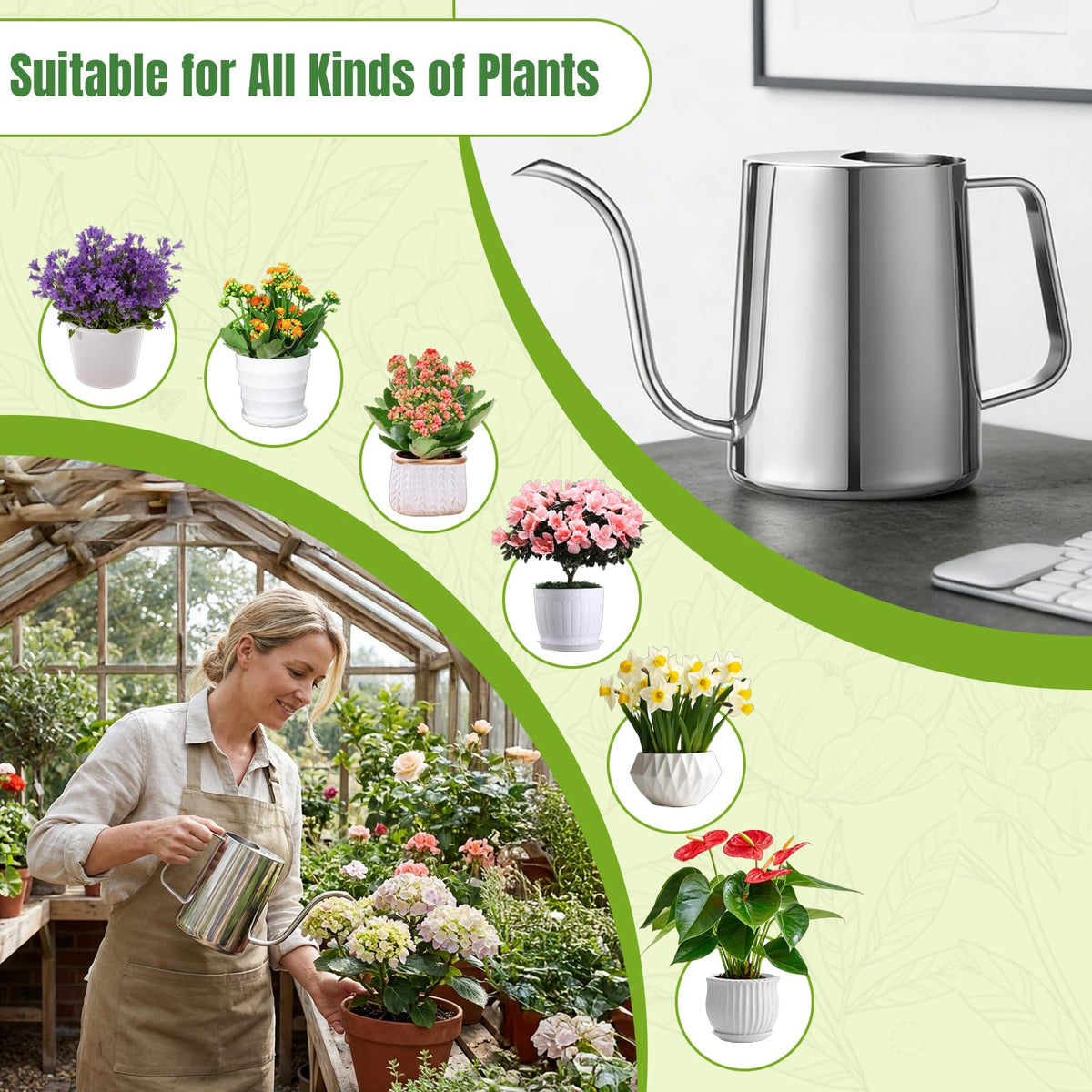 Ratrabas watering can with an elegant metallic finish suitable for home or office decor.