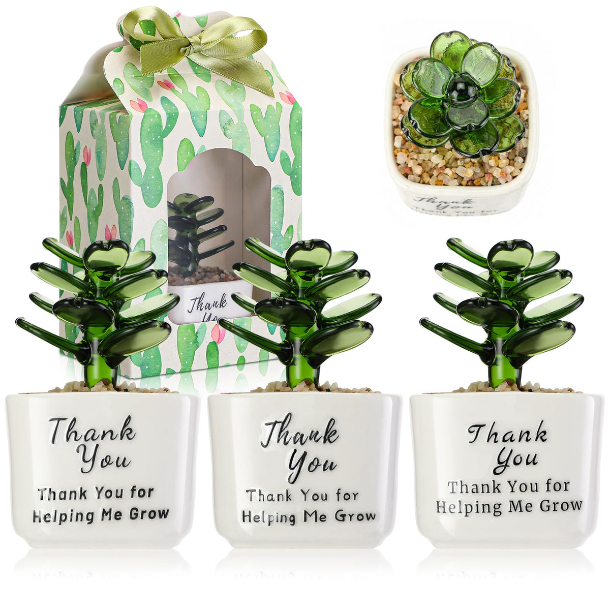 RattanView glass succulent with thank you sticker adds a heartfelt desk touch with no maintenance.