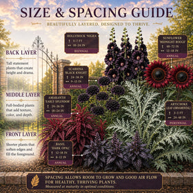 Black Knight Scabiosa dark blooms adding texture to borders in Ravens Hollow collection