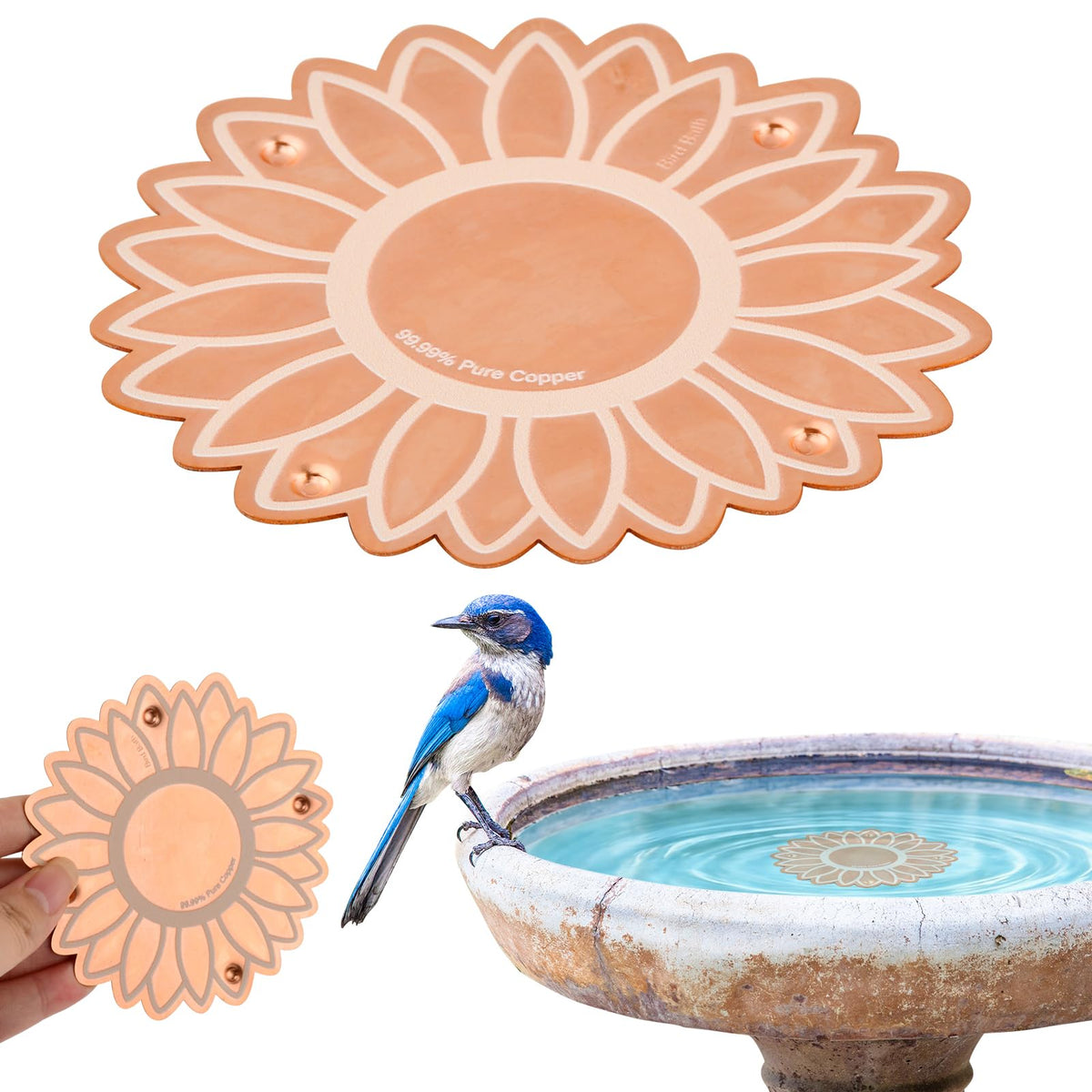 Ravionell sunflower copper bird bath dish close-up shows corrosion-resistant copper for all-season use