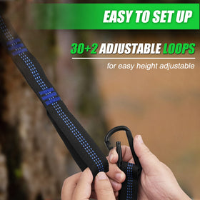 Raweao hammock straps with 30-plus-2 loops enabling precise height control