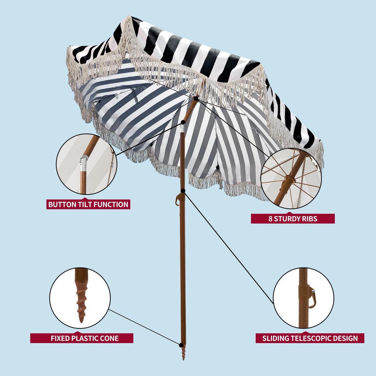 Rayjee fringe umbrella ideal for beach and garden outdoor spaces.