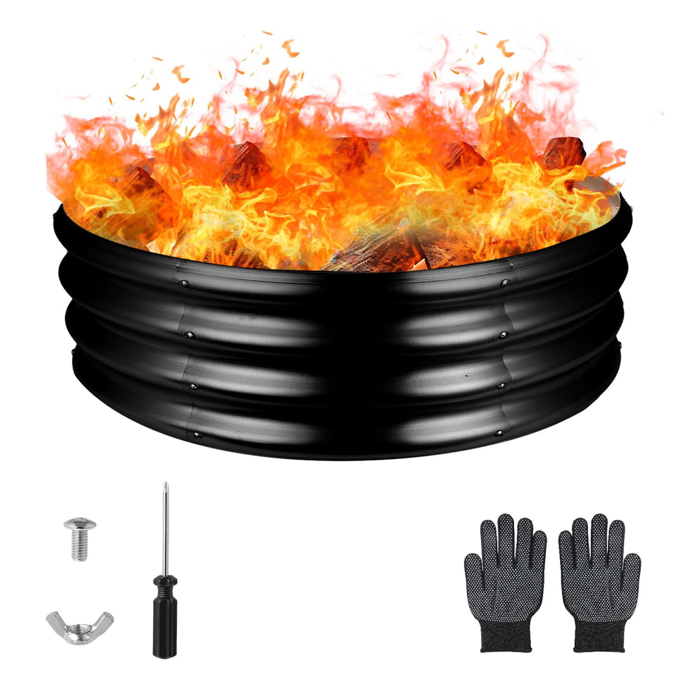 Raynesys 36-inch fire pit ring side view in rugged black galvanized steel for outdoor warmth