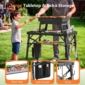 Raynesys aluminum foldable table with heat resistant top suitable for hot pans and grills.