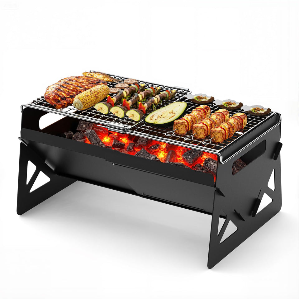 Raynesys charcoal grill in compact folded form for easy transport