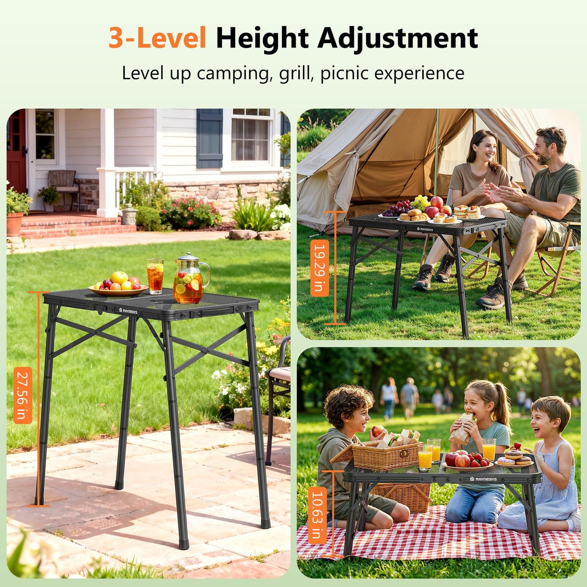 Raynesys foldable grill table folded compact for easy storage in car trunks.