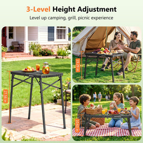Raynesys foldable grill table folded compact for easy storage in car trunks.