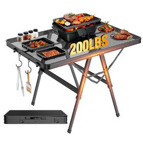 Raynesys foldable grill table with mesh desktop for outdoor meals.