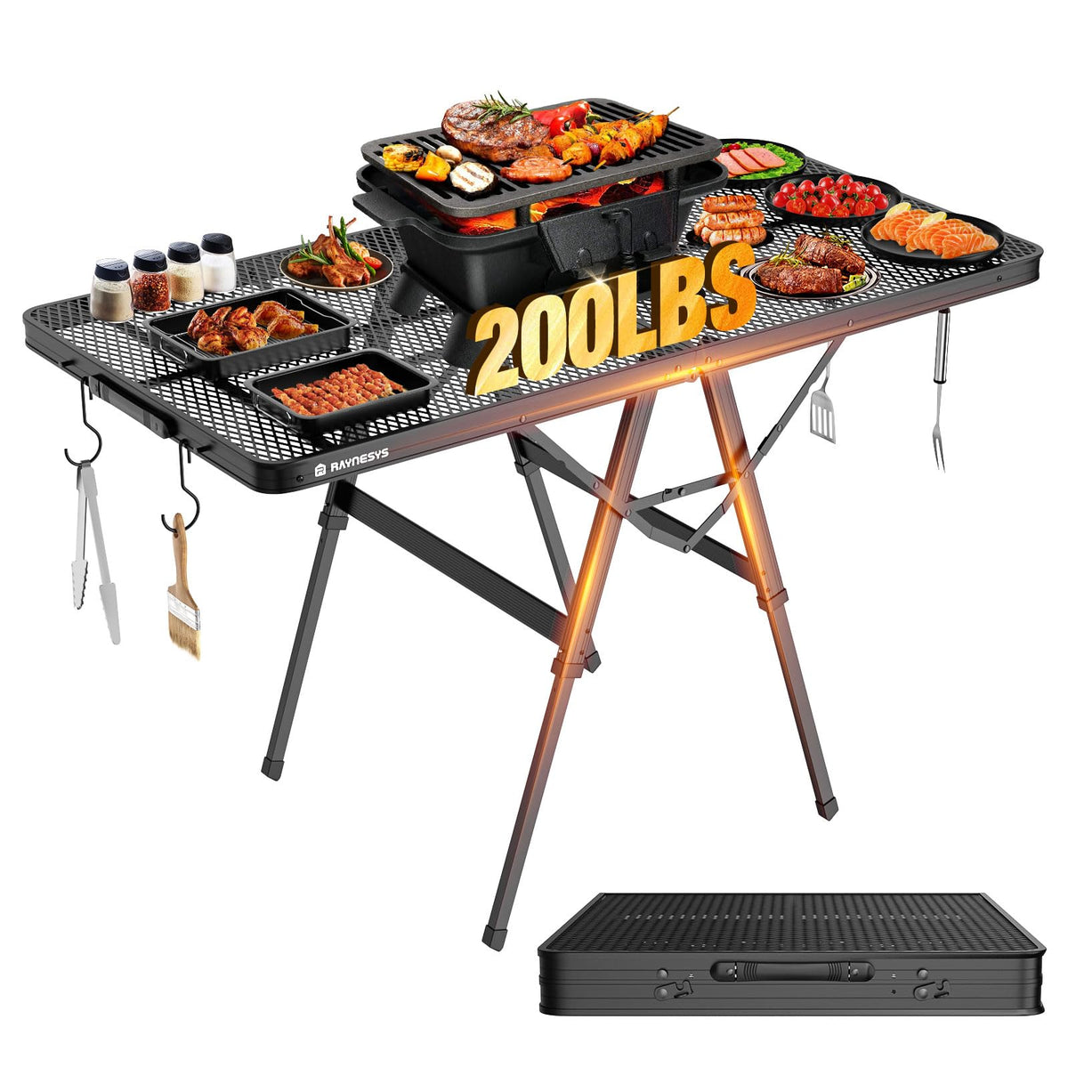 Raynesys foldable grill table with mesh desktop for versatile outdoor cooking and prep.