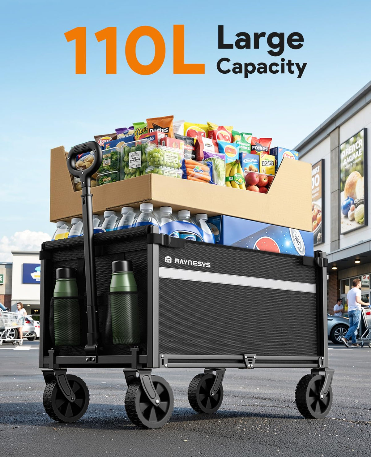 Raynesys 110L capacity wagon ready for groceries and gear.