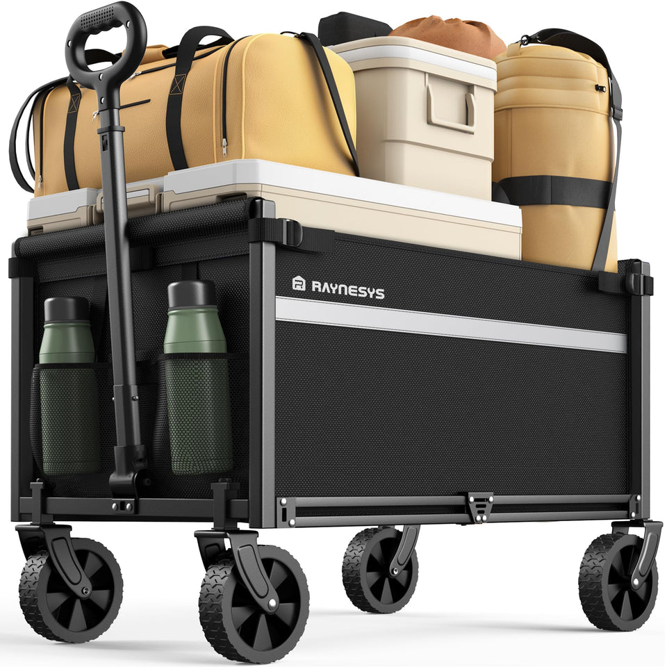 Raynesys foldable wagon folded for compact storage and easy transport.