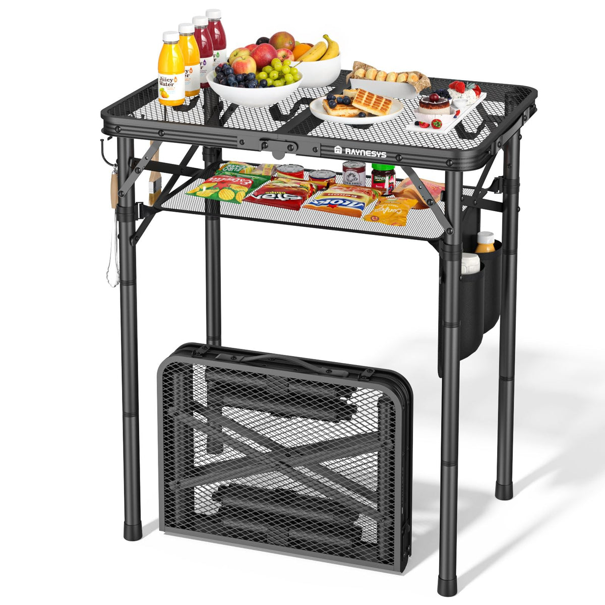 Raynesys folding grill table with adjustable legs offers versatile height for camping, picnics, or beach BBQs.