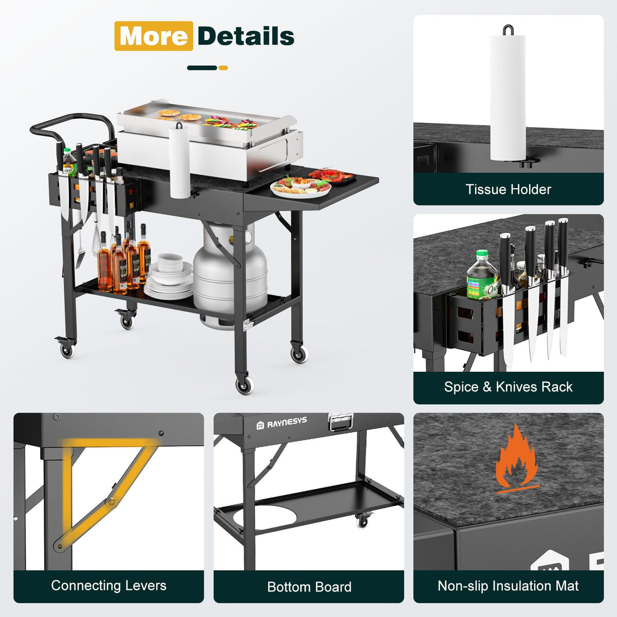 Raynesys folding grill table in transport-ready folded state.