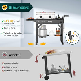 Raynesys lower shelf with gas canister slot keeps fuel organized.