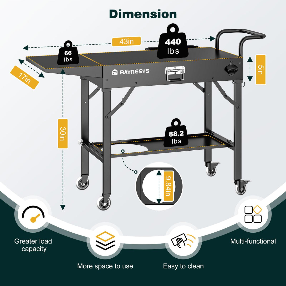 Raynesys multi-functional outdoor table serves as prep and storage.