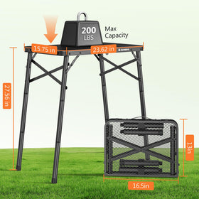 Raynesys outdoor folding table with mesh bag for organizing seasonings and utensils.