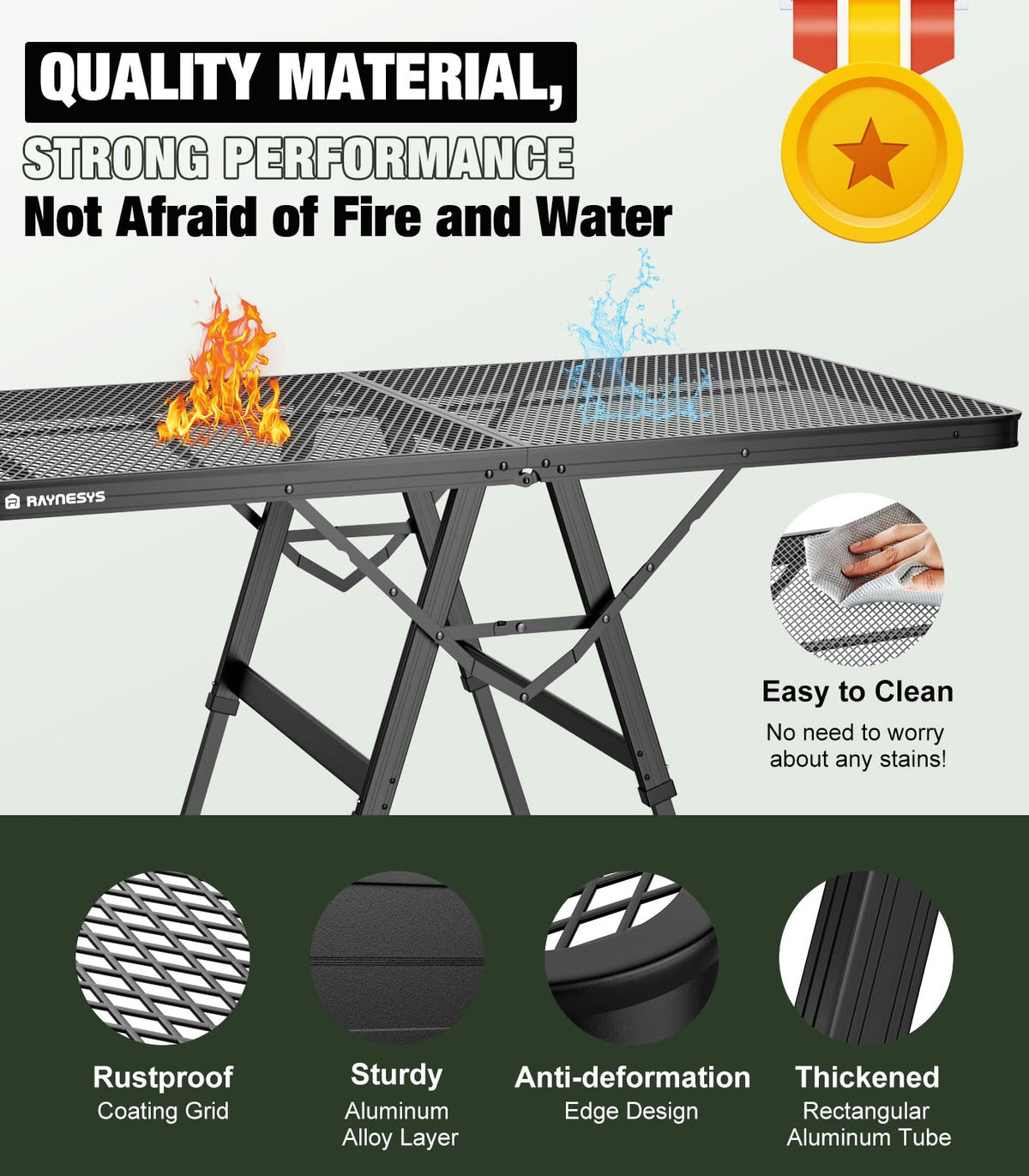 Raynesys waterproof, heat-resistant aluminum desktop resists stains and high temperatures.