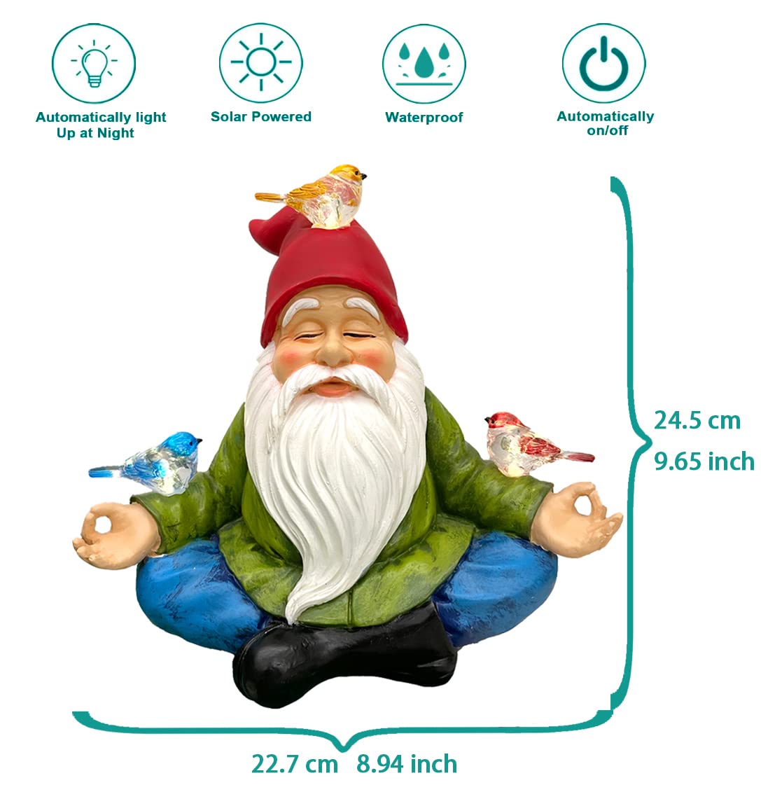 RAYWER gnome in lotus pose among birds for garden charm and ambiance.